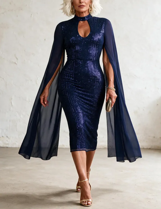Sequin Keyhole Mock Neck Chiffon Cape Sleeve Midi Dress made by Ekouaer