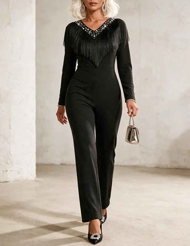 Fringe Trim Embellished V-Neck Long Sleeve Jumpsuit made by Ekouaer