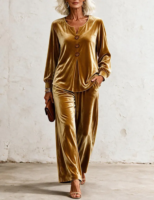 Velvet V-Neck Top & Wide-Leg Pants Set made by Ekouaer