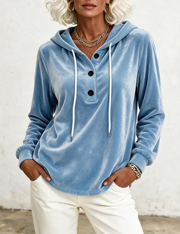 Velvet Hooded Drawstring Button Placket Sweatshirt made by Ekouaer