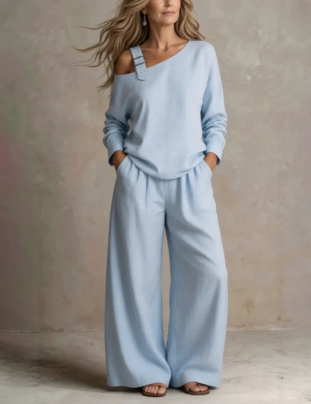 Crew Neck Long Sleeve Wide Leg Pants Two Piece Set made by Ekouaer