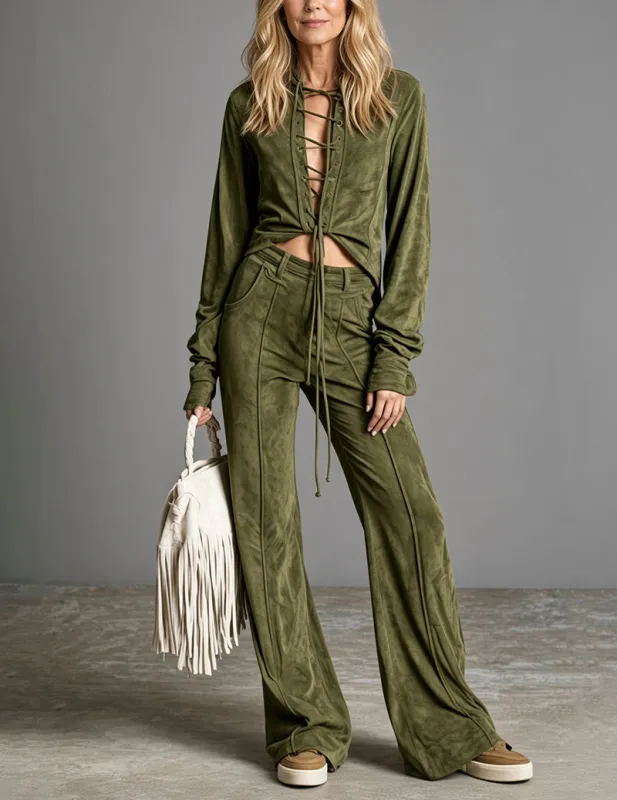 Velvet Tie Front Open Cardigan Wide Leg Pants Two Piece Set made by Ekouaer