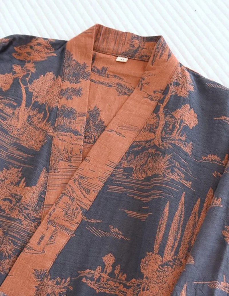 Men Jacquard Landscape Print Belted Kimono Robe sold by Ekouaer product image thumbnail 2