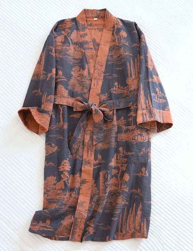 Men Jacquard Landscape Print Belted Kimono Robe made by Ekouaer
