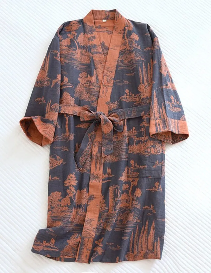 Men Jacquard Landscape Print Belted Kimono Robe sold by Ekouaer