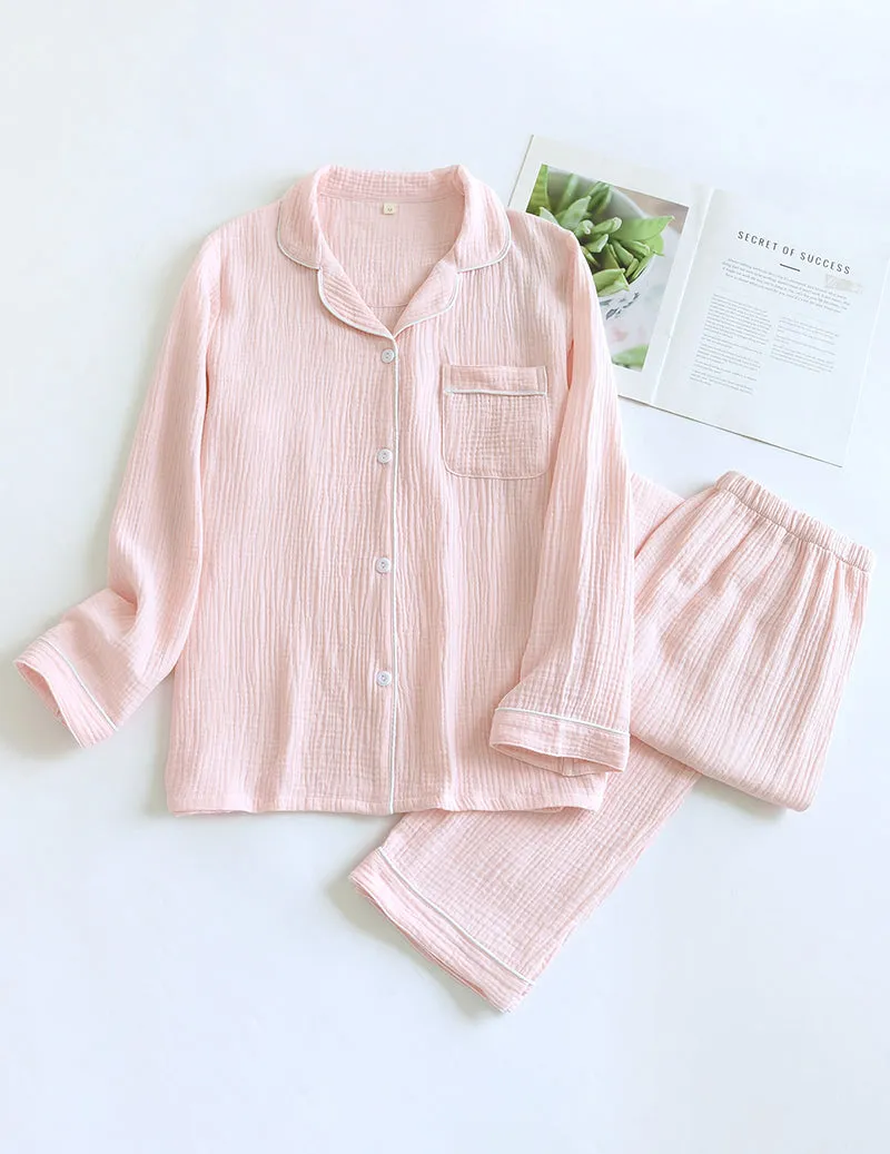 Cotton Gauze Long Sleeve Notch Collar Pajama Set sold by Ekouaer product image thumbnail 5