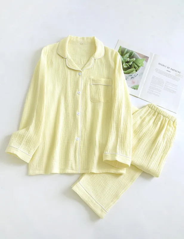 Cotton Gauze Long Sleeve Notch Collar Pajama Set made by Ekouaer