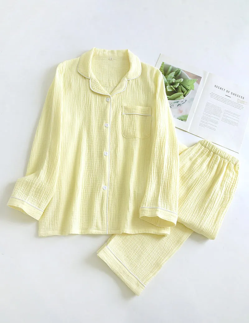 Cotton Gauze Long Sleeve Notch Collar Pajama Set sold by Ekouaer