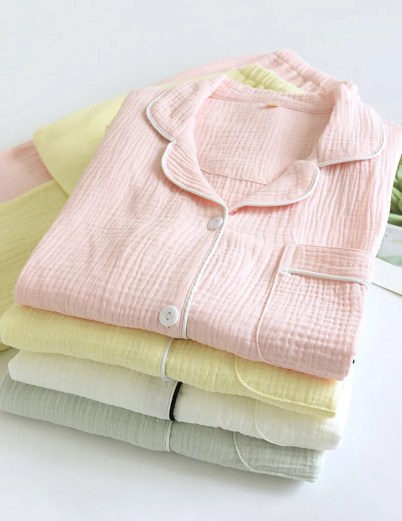 Cotton Gauze Long Sleeve Notch Collar Pajama Set sold by Ekouaer product image thumbnail 2