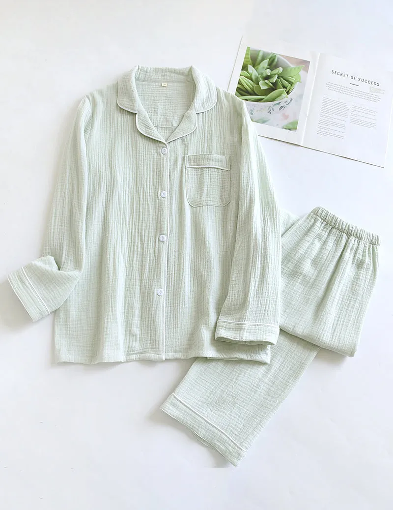 Cotton Gauze Long Sleeve Notch Collar Pajama Set sold by Ekouaer product image thumbnail 4