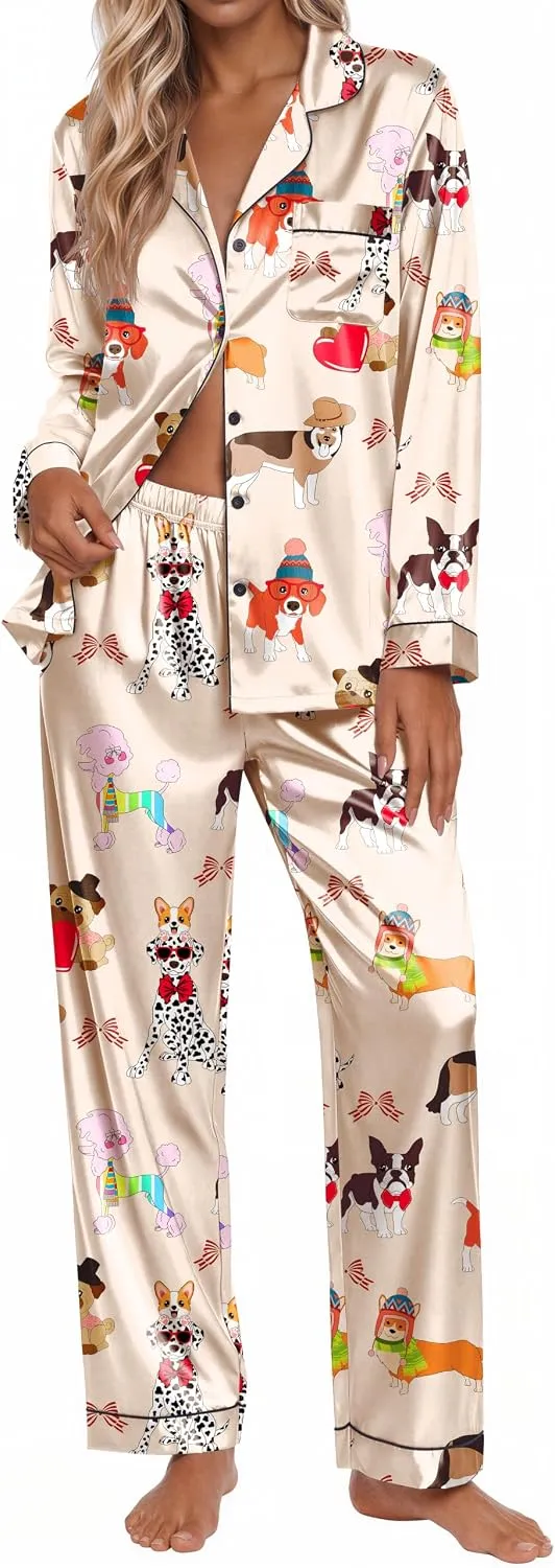 Long Sleeve Button Down Notch Collar Satin Leopard Print Pajama Set sold by Ekouaer product image thumbnail 2