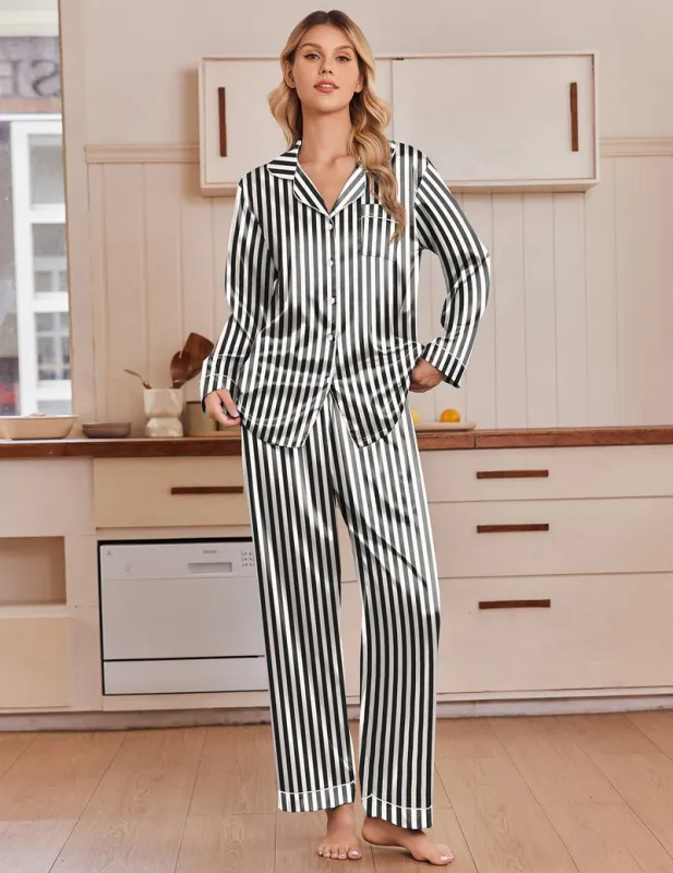 Long Sleeve Button Down Notch Collar Satin Leopard Print Pajama Set made by Ekouaer