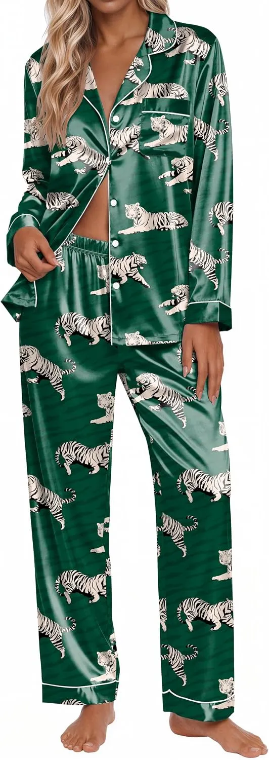 Long Sleeve Button Down Notch Collar Satin Leopard Print Pajama Set sold by Ekouaer product image thumbnail 4