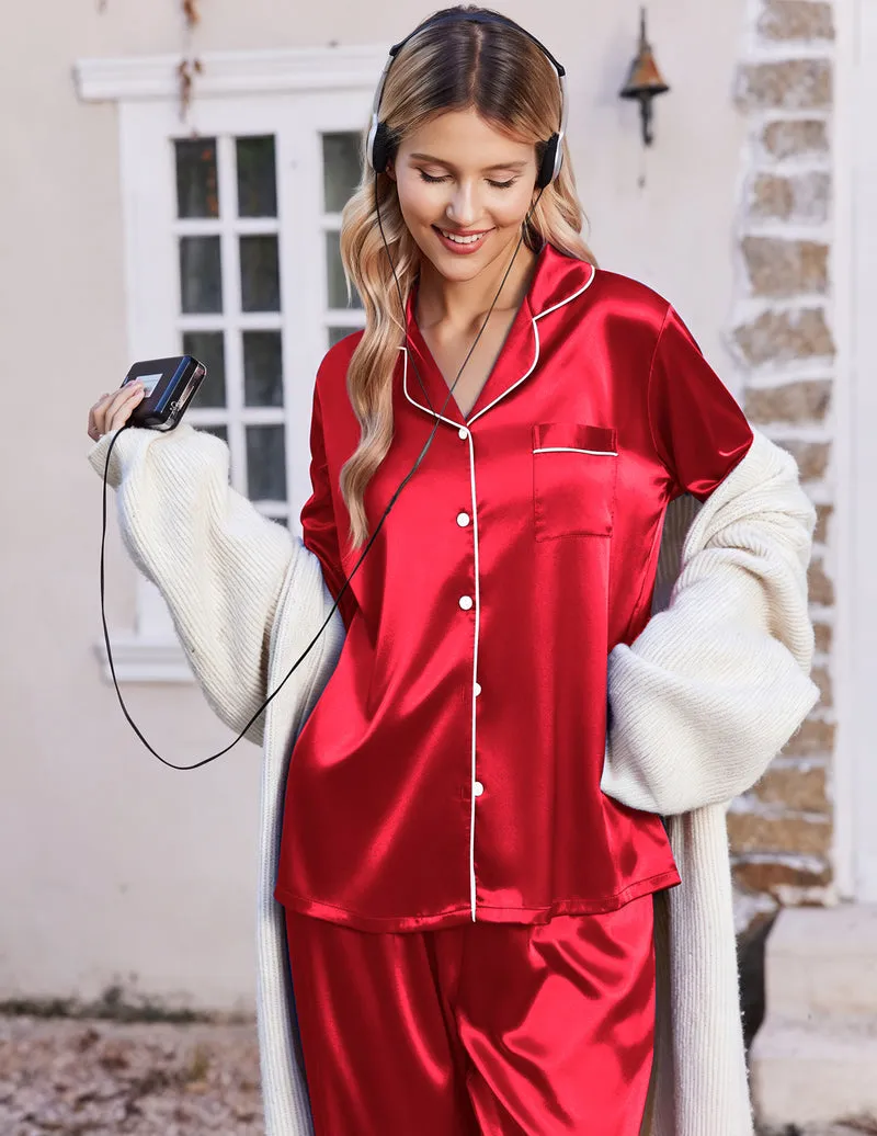 Long Sleeve Button Down Notch Collar Satin Pajama Set sold by Ekouaer product image thumbnail 3