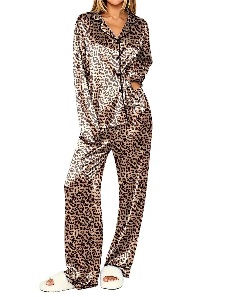 Long Sleeve Button Down Notch Collar Satin Pajama Set sold by Ekouaer product image thumbnail 5