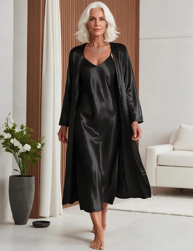 Satin Cami Slip Dress and Robe Two-Piece Sleepwear Set made by Ekouaer