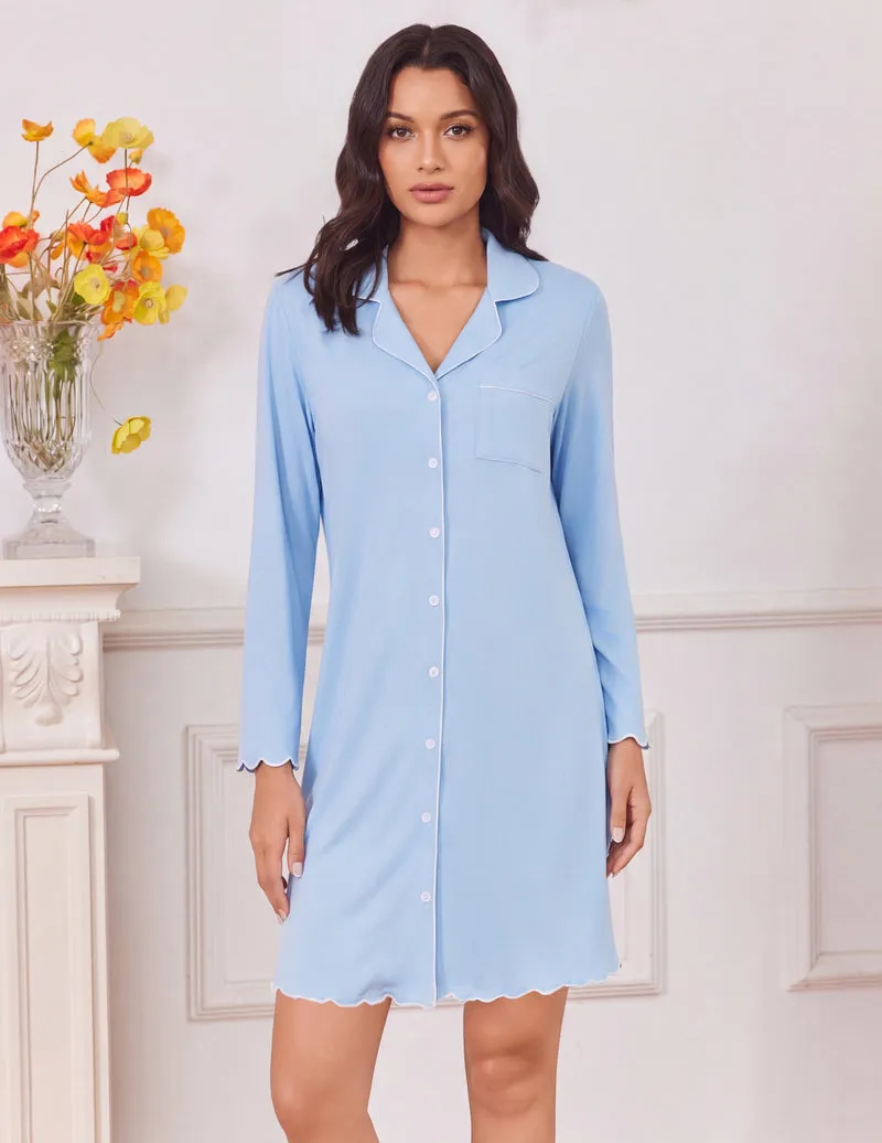 Long Sleeve Button Down V Neck Soft Nightgown sold by Ekouaer product image thumbnail 5