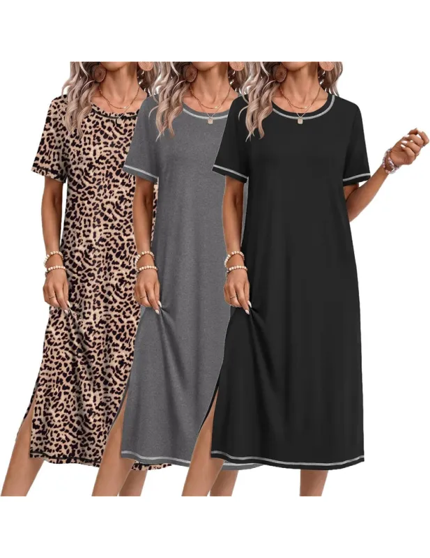 3 Pack Short Sleeve Crew Neck Knit Split Hem Nightgown made by Ekouaer