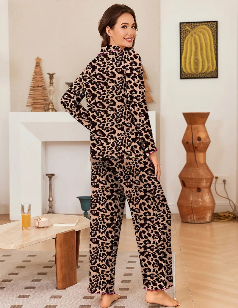 Long Sleeve Button Down Notch Collar Leopard Print Pajama Set sold by Ekouaer product image thumbnail 2