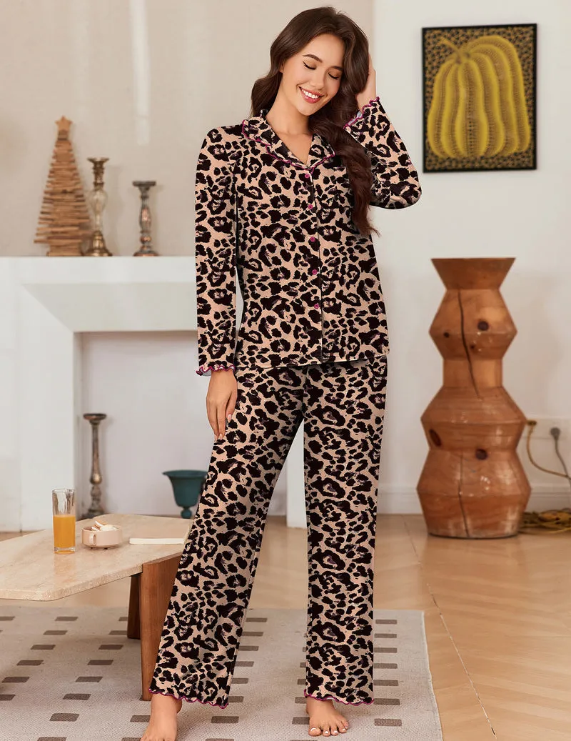 Long Sleeve Button Down Notch Collar Leopard Print Pajama Set sold by Ekouaer
