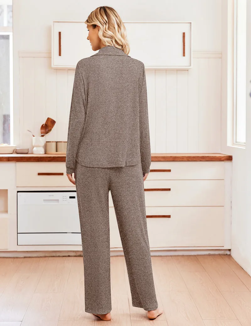 Long Sleeve Button Down Ribbed Winter Soft with Pockets Pajama Set sold by Ekouaer product image thumbnail 4
