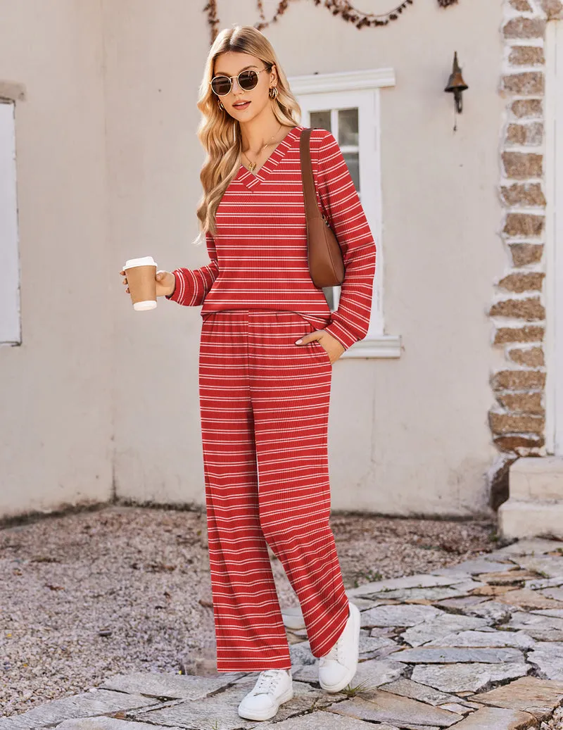 Long Sleeve V Neck Knit Winter Soft Warm Pajama Set sold by Ekouaer product image thumbnail 2