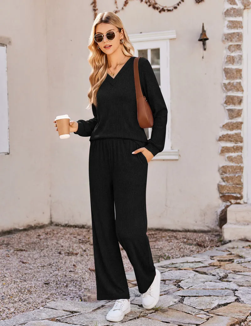 Long Sleeve V Neck Knit Winter Soft Warm Pajama Set sold by Ekouaer product image thumbnail 4