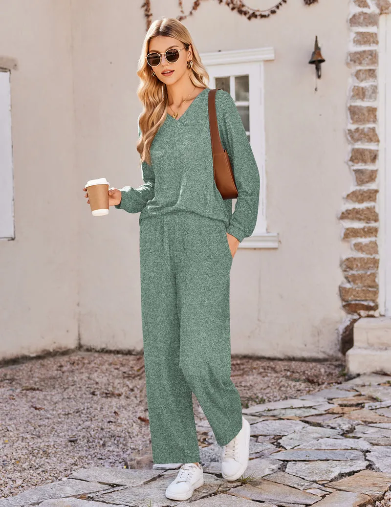 Long Sleeve V Neck Knit Winter Soft Warm Pajama Set sold by Ekouaer product image thumbnail 3