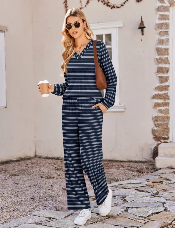 Long Sleeve V Neck Knit Winter Soft Warm Pajama Set made by Ekouaer