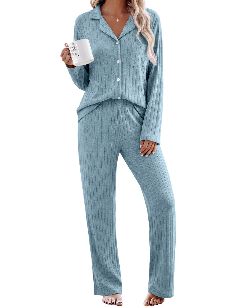Long Sleeve Notch Collar Ribbed Soft Warm Cozy Set sold by Ekouaer product image thumbnail 3