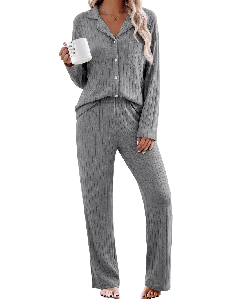 Long Sleeve Notch Collar Ribbed Soft Warm Cozy Set sold by Ekouaer product image thumbnail 2