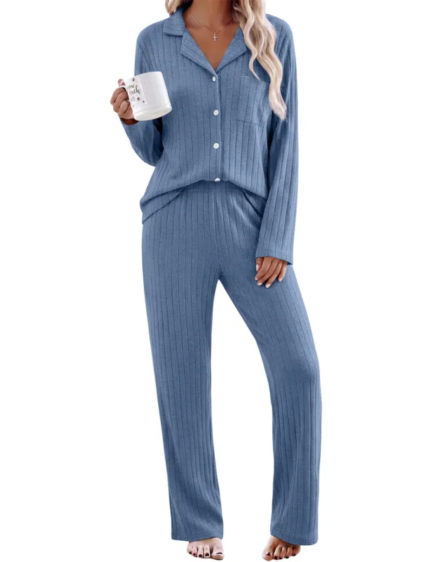 Long Sleeve Notch Collar Ribbed Soft Warm Cozy Set made by Ekouaer