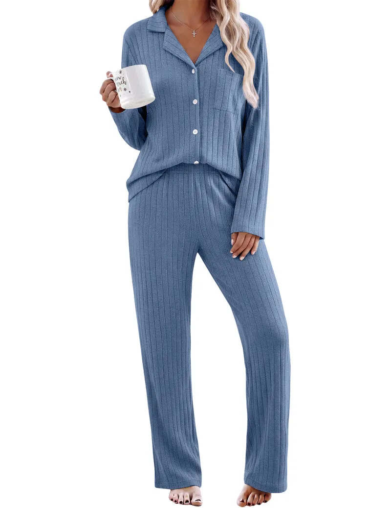 Long Sleeve Notch Collar Ribbed Soft Warm Cozy Set sold by Ekouaer