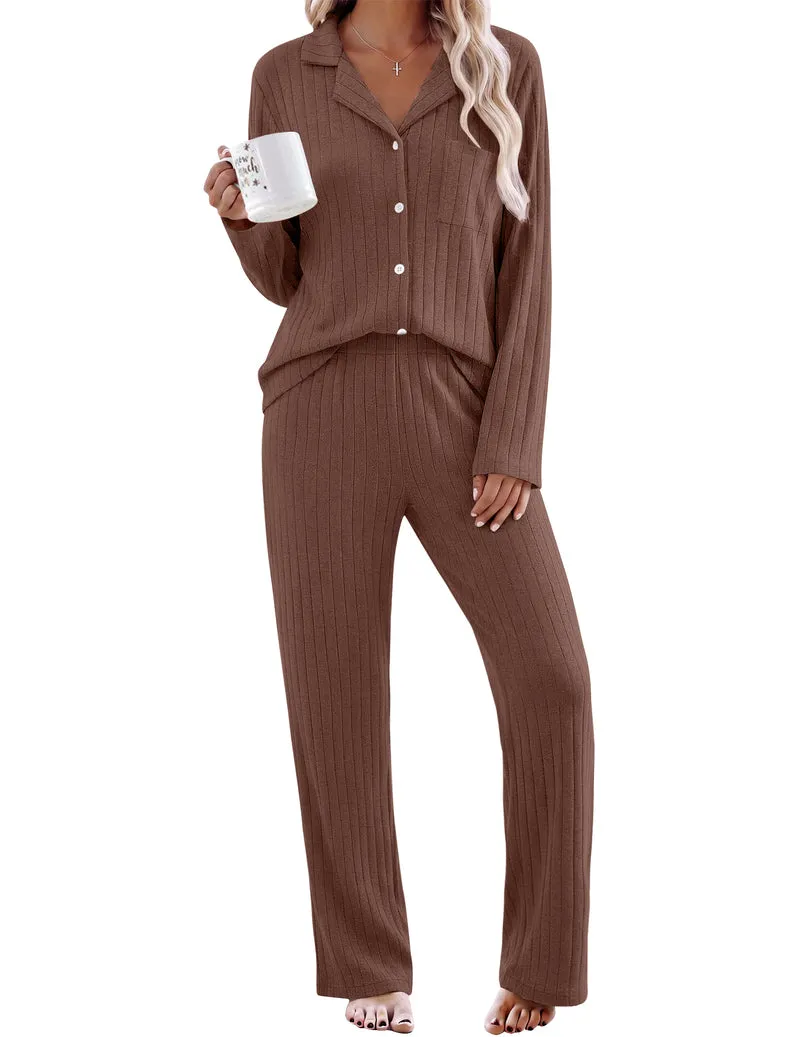 Long Sleeve Notch Collar Ribbed Soft Warm Cozy Set sold by Ekouaer product image thumbnail 4