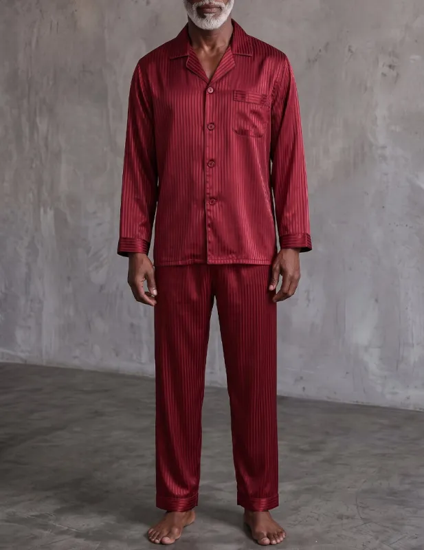 Men Striped Satin Notch Collar Button Down Pajama Set made by Ekouaer