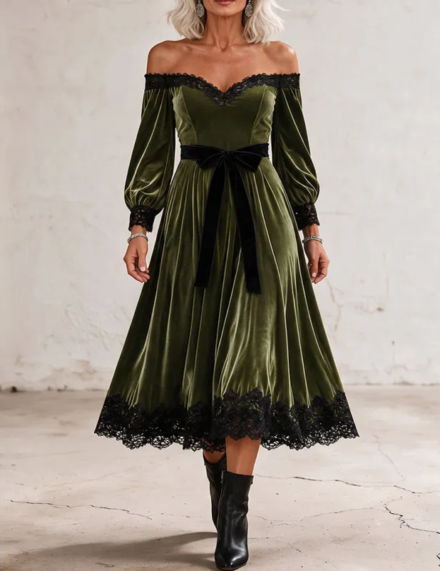 Velvet Lace Trim Off Shoulder Midi Dress made by Ekouaer
