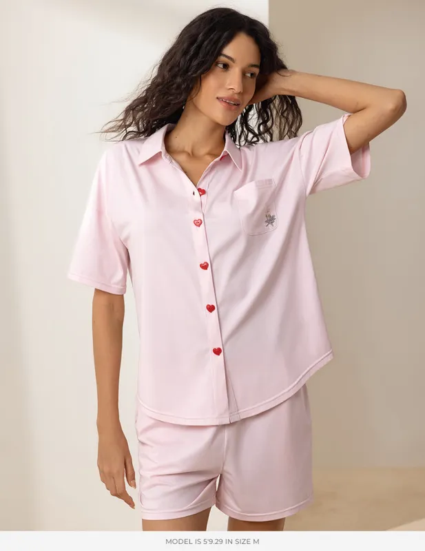 Ekouaer Short Sleeve Pajama Set with Heart Buttons made by Ekouaer