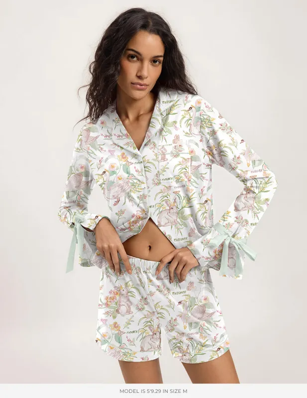 Ekouaer Short Sleeve Button Down Pajama Set with Bow Cuff made by Ekouaer