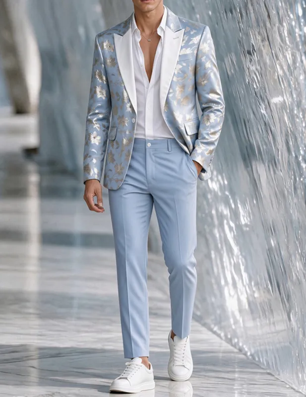 Men Floral Foil Print Shawl Collar Blazer and Pants Set made by Ekouaer