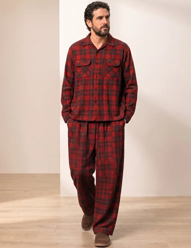 100% Cotton Men Plaid Long Sleeve Button-Down Pajama Set made by Ekouaer