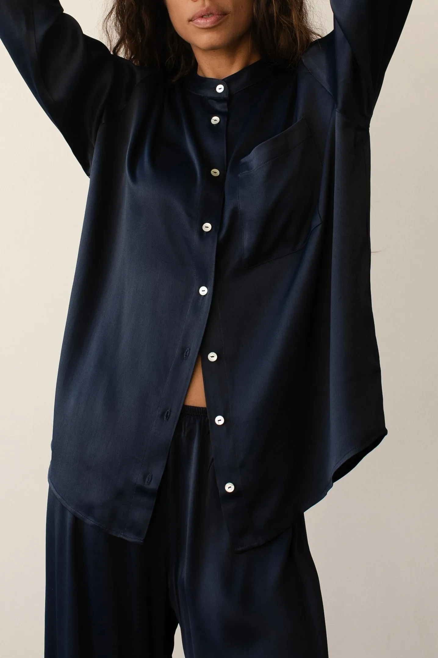 The Satiny Mandarin Shirt sold by DONNI.