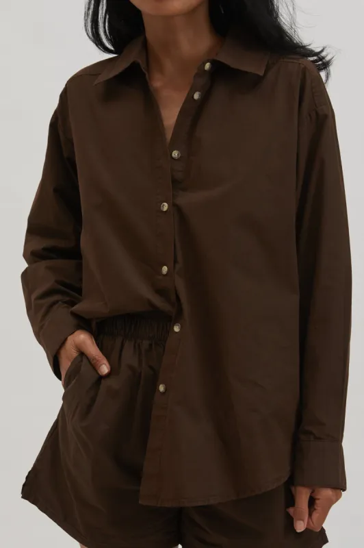 pop button down chocolate sold by DONNI.