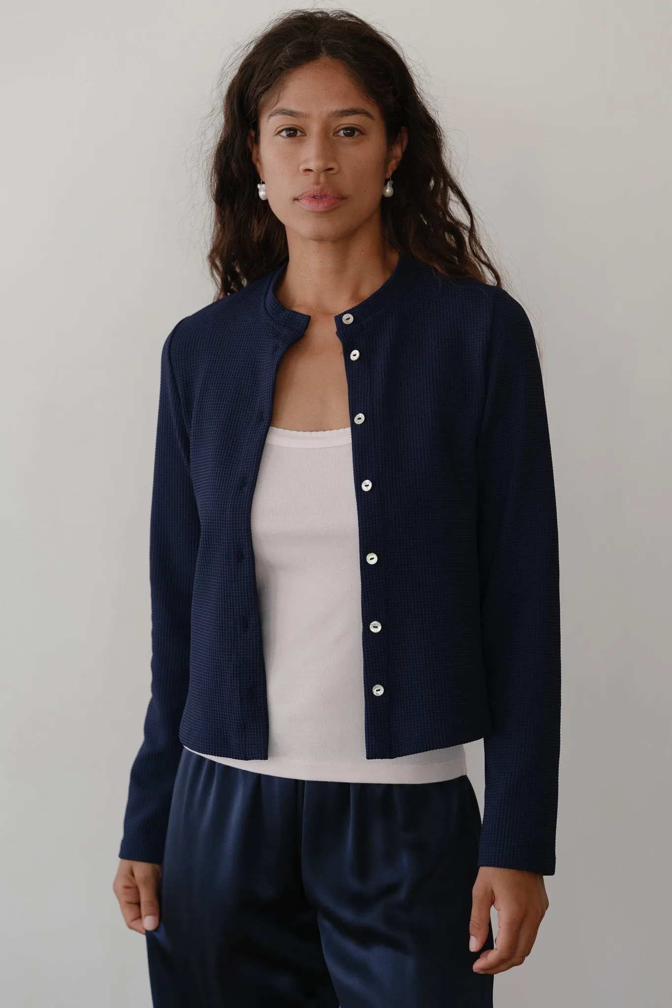 The Box Weave Stretch Cardi sold by DONNI.