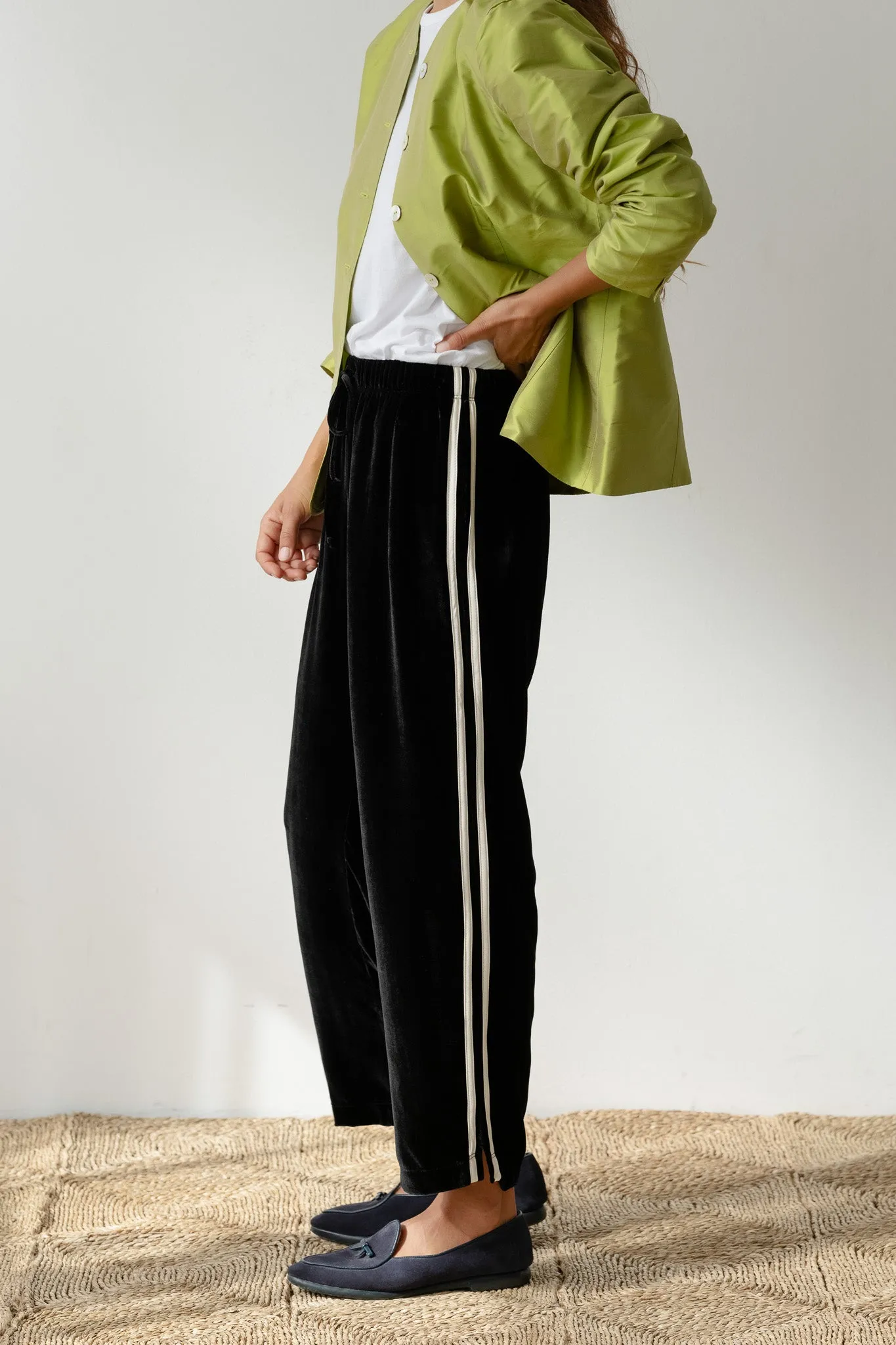 The Velvet Stripe Crop Pant sold by DONNI.