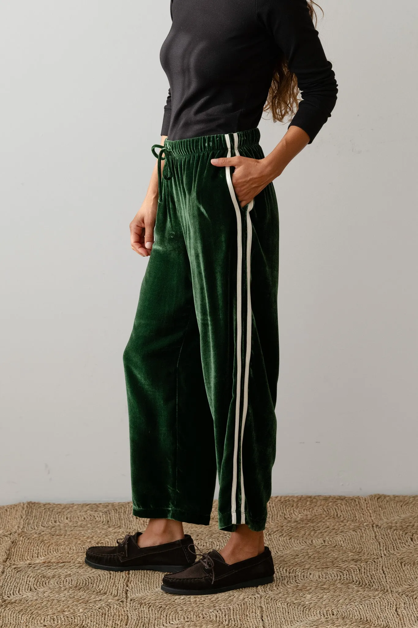 The Velvet Stripe Crop Pant sold by DONNI.