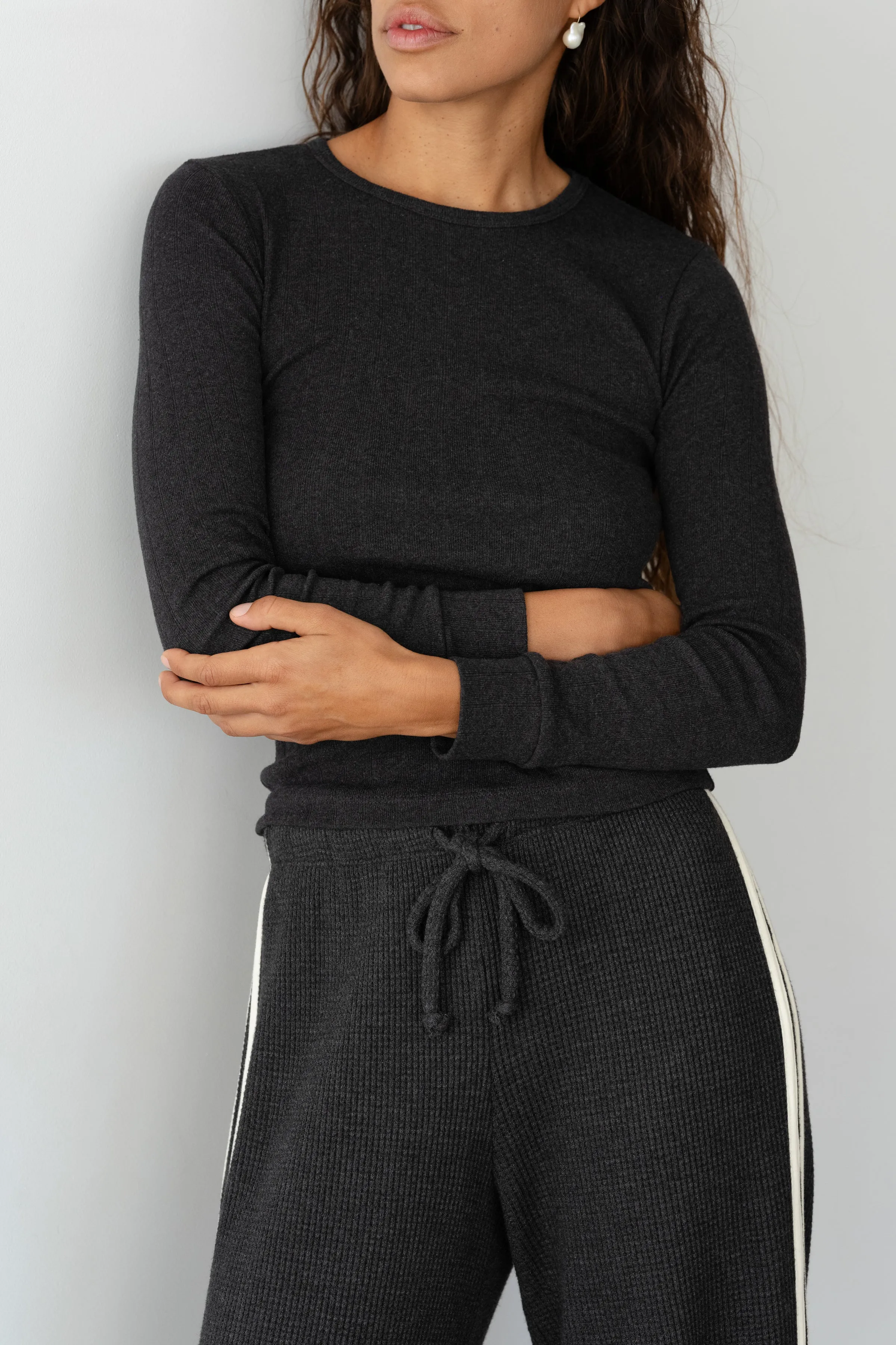 The Pointelle Long Sleeve Charcoal Grey sold by DONNI.