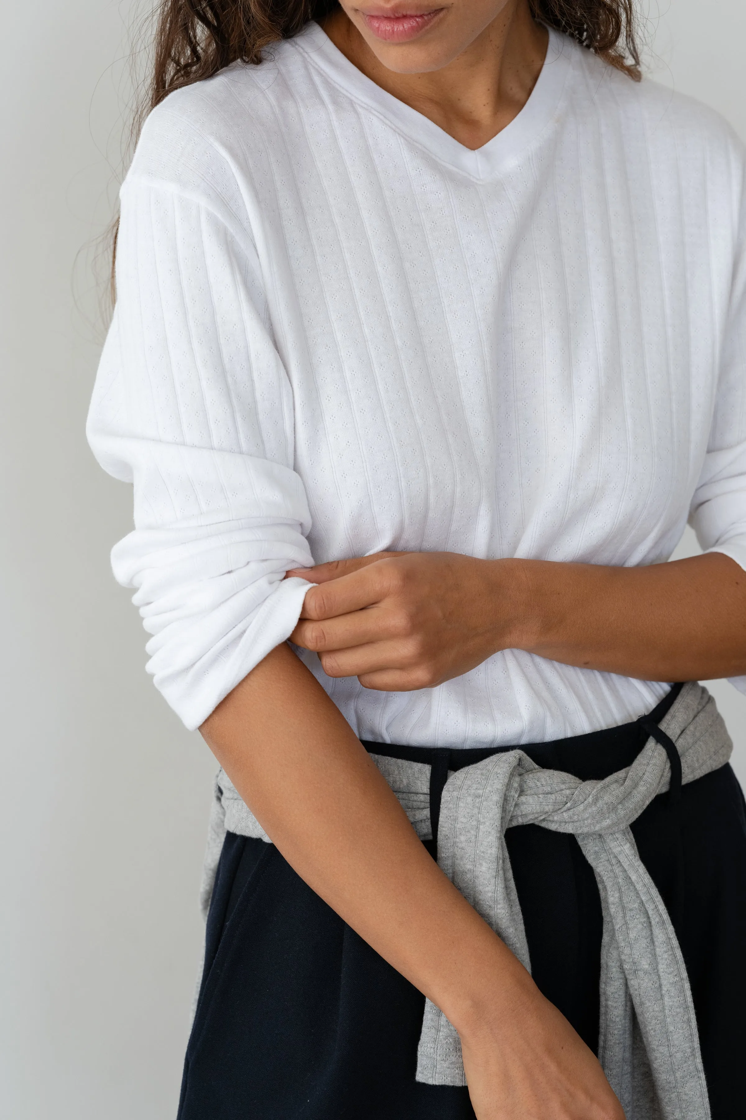 The Pointelle V-Neck Long Sleeve sold by DONNI.