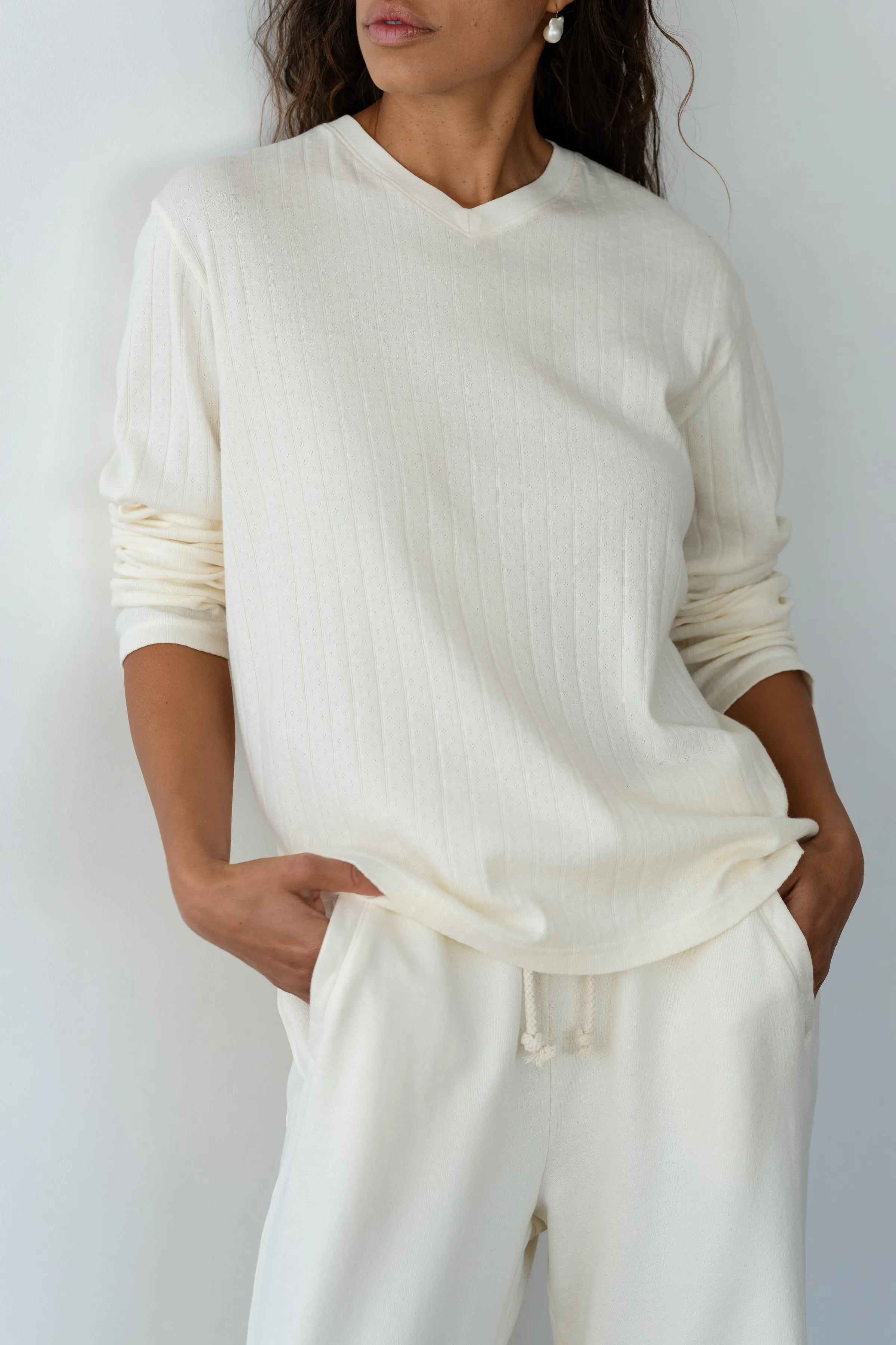 The Pointelle V-Neck Long Sleeve sold by DONNI.