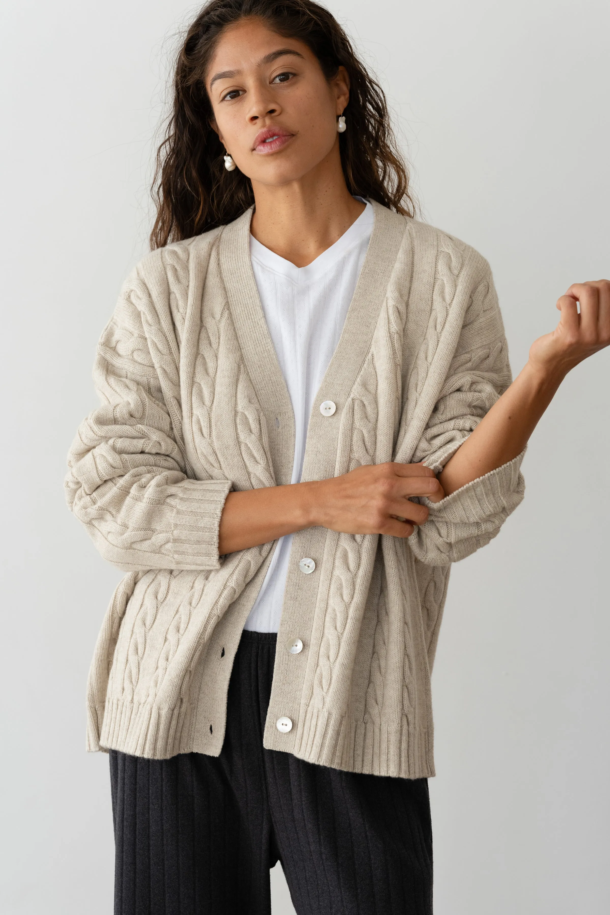The Cable V-Neck Cardigan sold by DONNI.