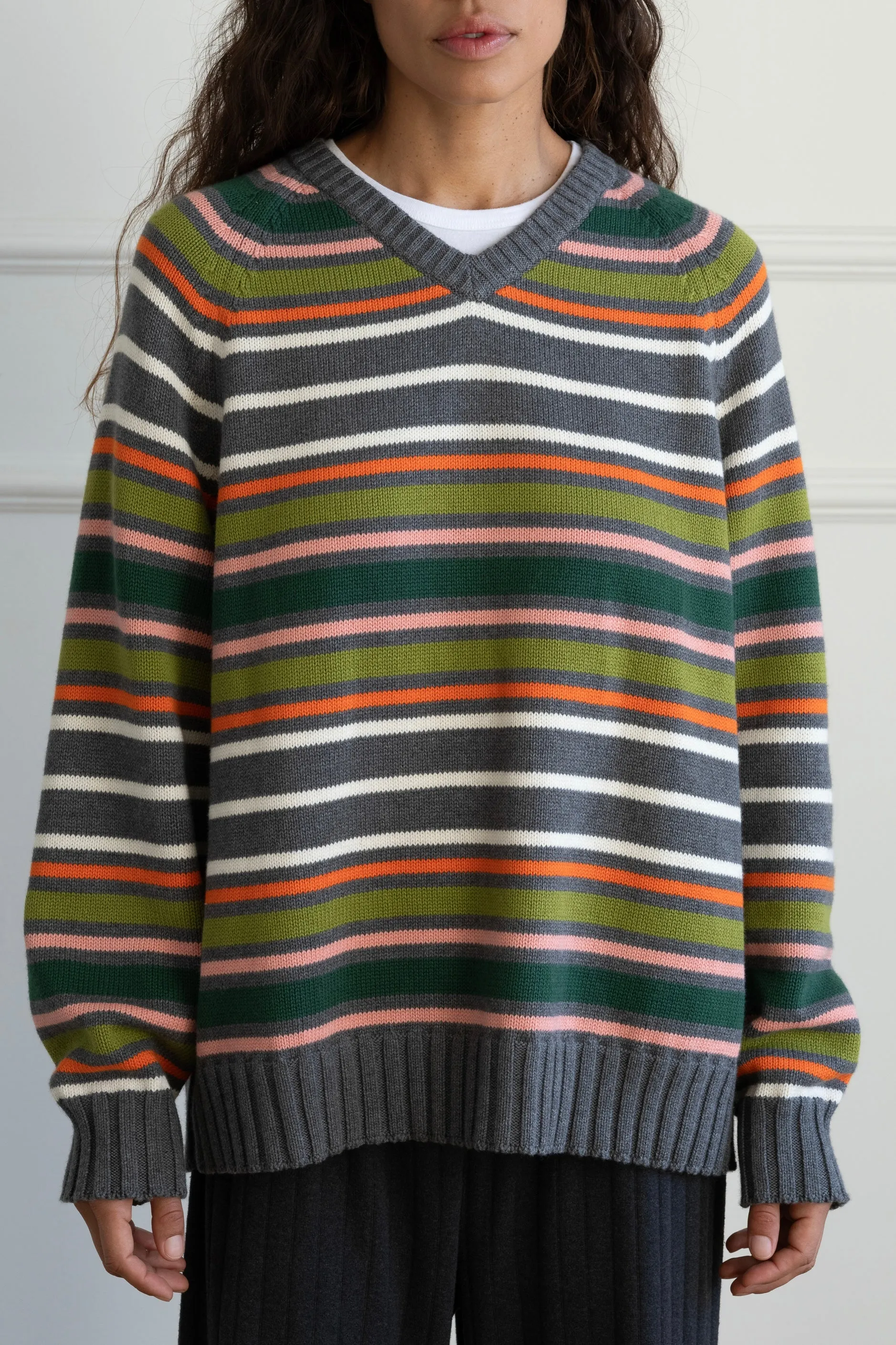 The Cotton Cashmere Stripe V-Neck Sweater sold by DONNI.